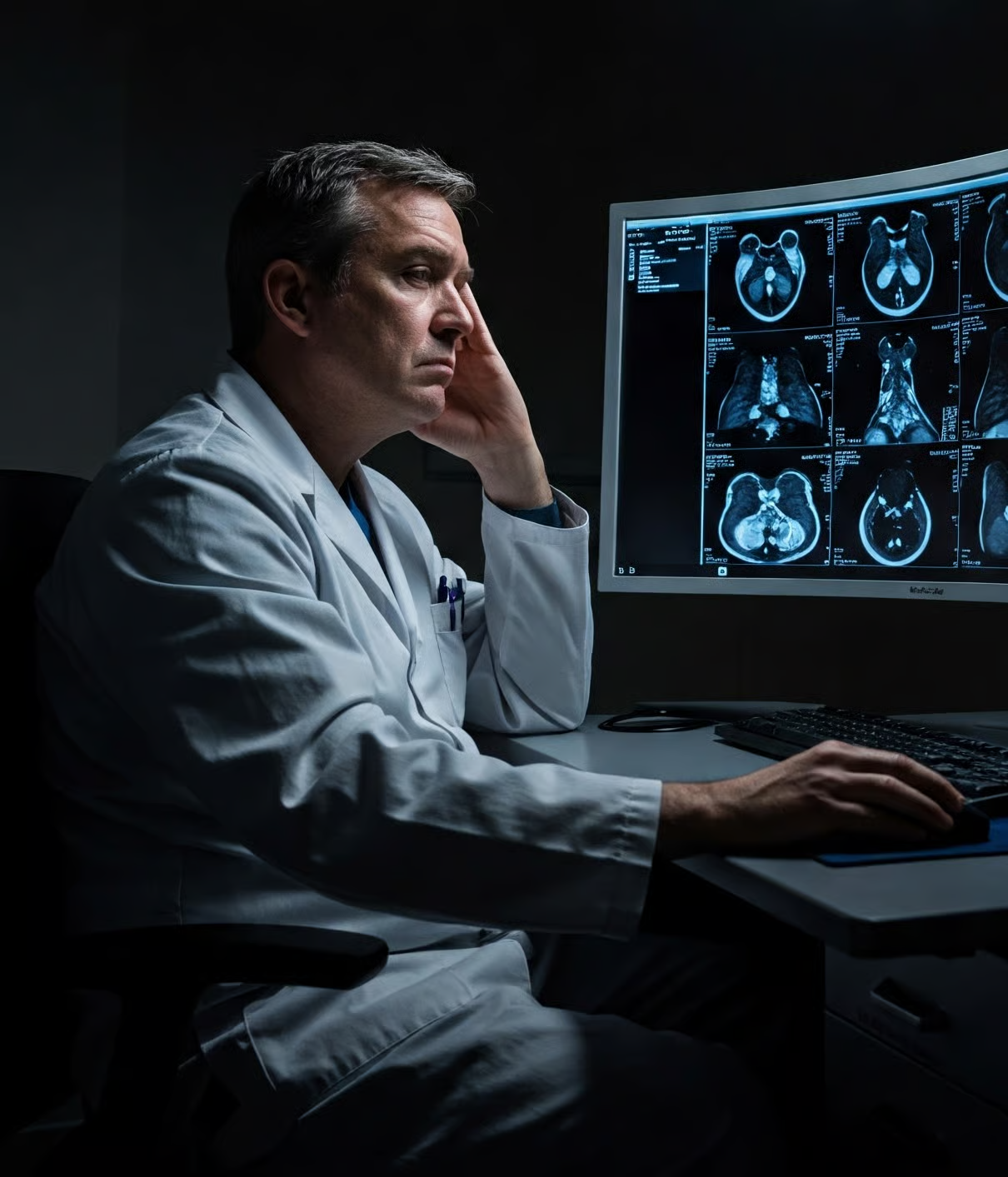 Radiologist struggling with self-doubt at workstation